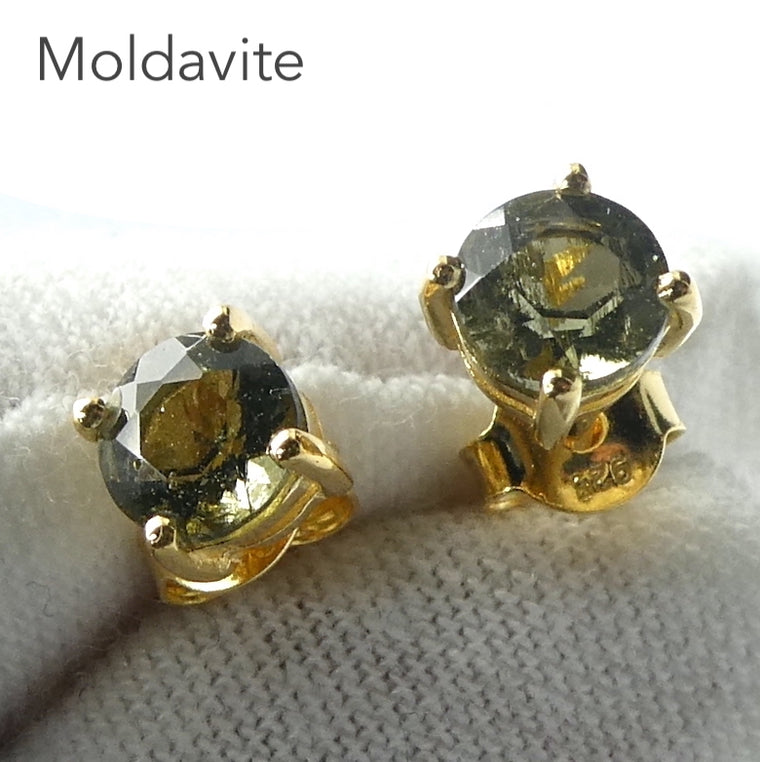Moldavite Stud Earrings, Faceted Rounds, Gold Plated 925 Sterling Silver