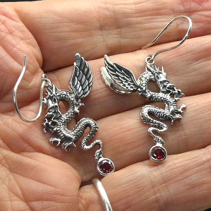 Dragon Earrings with Garnet,  925 Sterling Silver