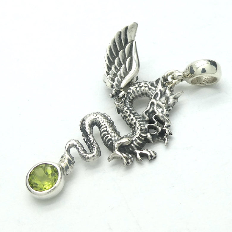 Dragon Peridot Gemstone Pendant | Round Faceted Stone | Good Colour and transparency | 925 Sterling Silver | Serpentine Body | Genuine Gems from Crystal Heart Melbourne Australia since 1986