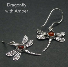 Load image into Gallery viewer, Dragonfly Earrings | 925 Sterling Silver | Lovely Detail | Baltic Amber | Round Cabochon |  Genuine Gems from Crystal Heart Melbourne Australia since 1986