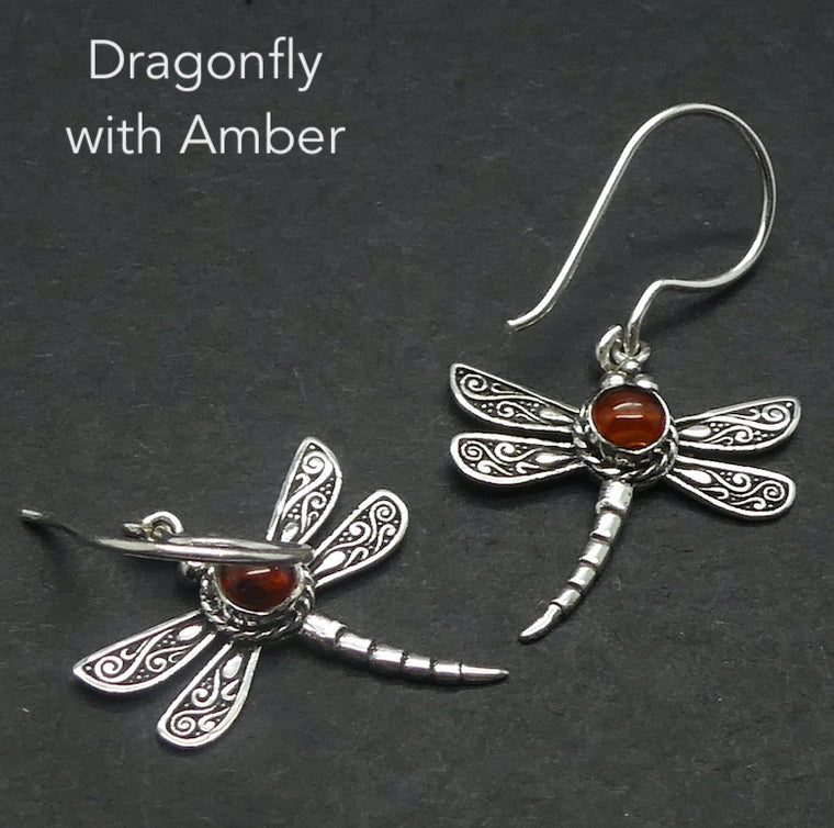 Amber Dragonfly Earrings,  925 Sterling Silver