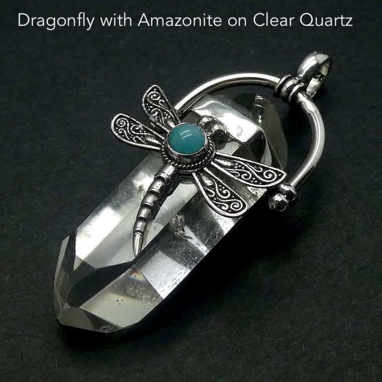 Dragonfly Pendant with Amazonite on Clear Quartz, 925 Silver