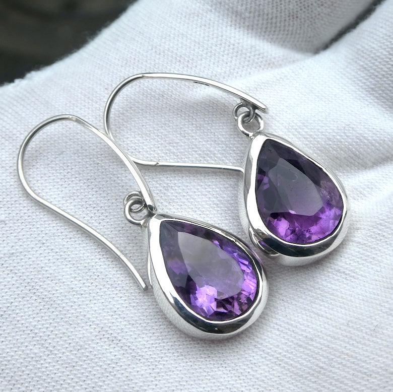 Amethyst Earrings | Large Faceted Teardrops | Perfect Purple | 925 Sterling Silver |  Solid bezel Set | Open Back | Secure Custom Hooks | Genuine Gems from Crystal Heart Australia since 1986