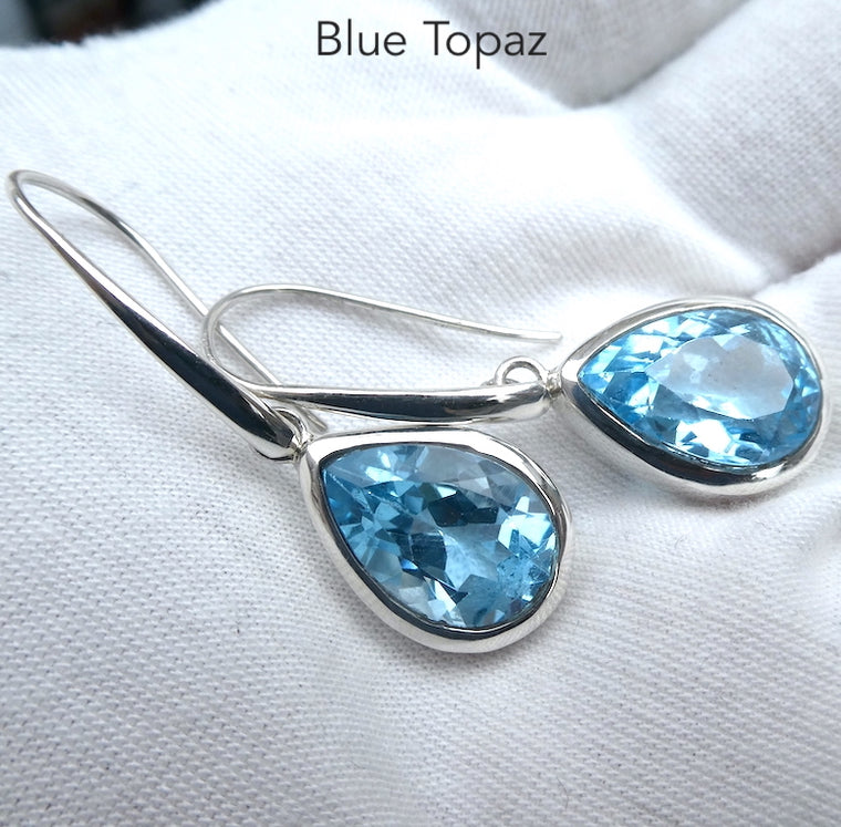 Blue Topaz Earrings, Large Faceted Teardrops, 925 Sterling Silver
