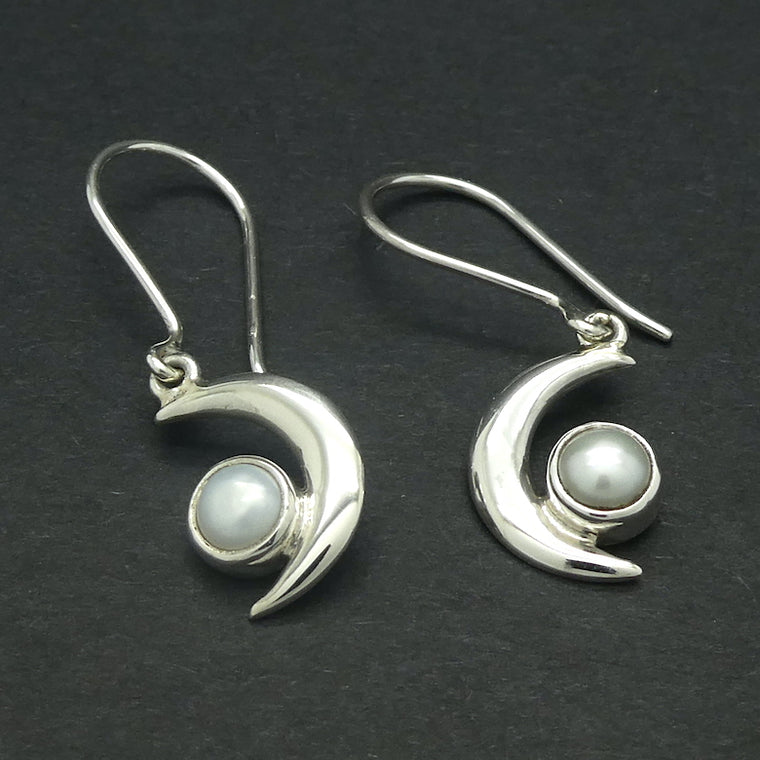 Pearl Earrings with Crescent Moon, 925 Sterling Silver