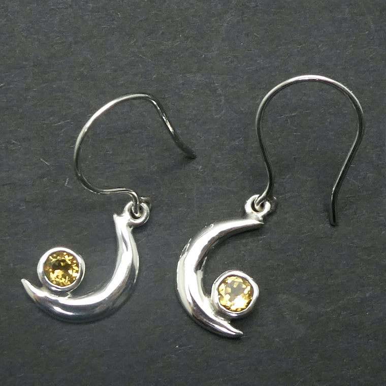 Citrine Earrings, Faceted Round in Crescent Moon, 925 Sterling Silver
