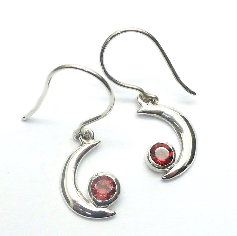 Garnet Earrings, Faceted Round in Crescent Moon, 925 Sterling Silver