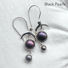 Load image into Gallery viewer, Freshwater Black Pearl Earrings  | 925 Sterling Silver | Large Round over smaller one | Fantastic iridescence | Topped by a soaring bird | Genuine Gems from Crystal Heart Melbourne Australia since 1986