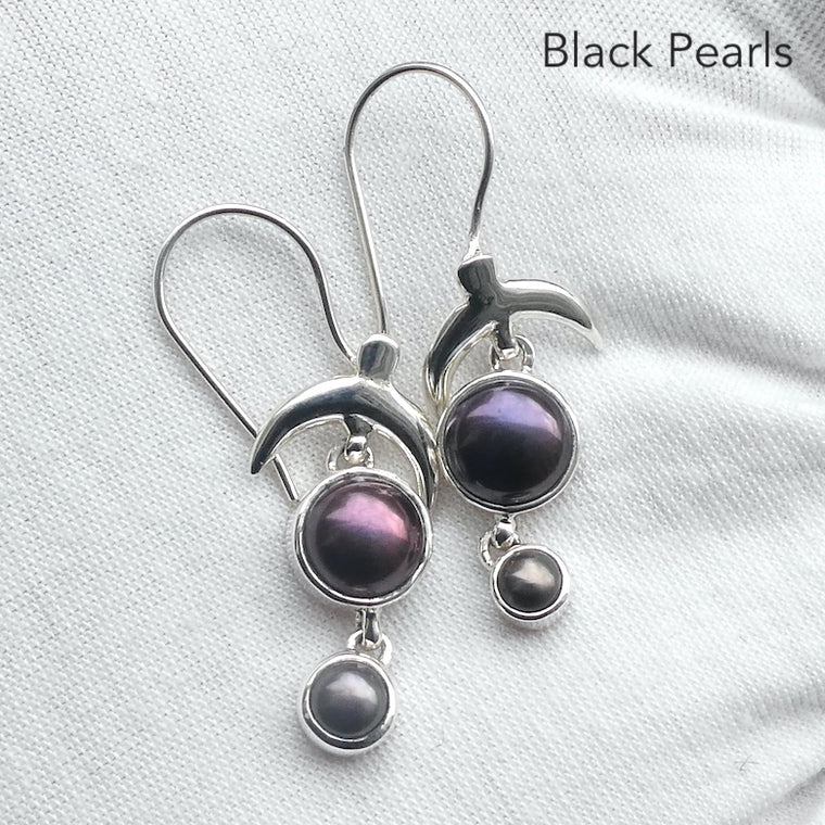 Pearl Earrings, Two iridescent Black Rounds, 925 Sterling Silver