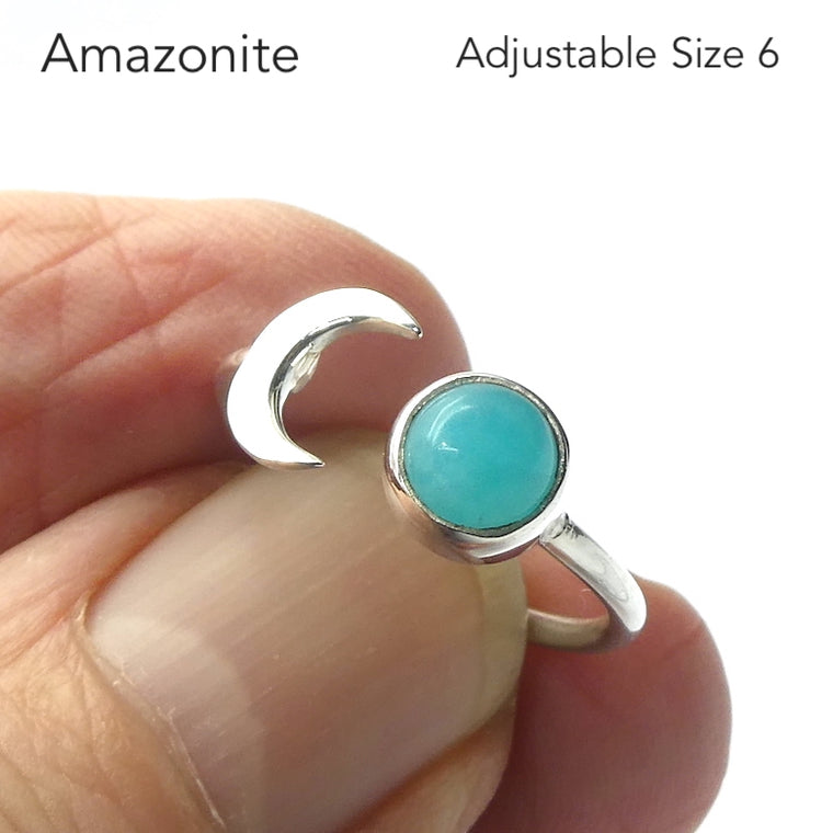 Amazonite Ring, Small Round Cabochon, 925 Sterling Silver Moon