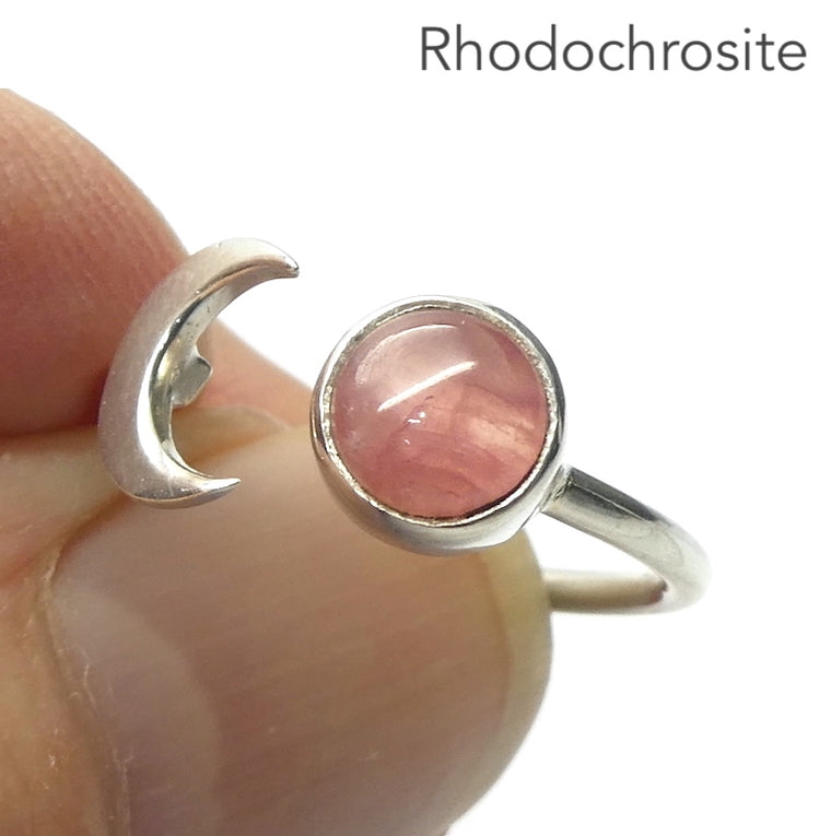 Rhodochrosite Ring, Round Cabochon, 925 Sterling Silver Crescent Moon