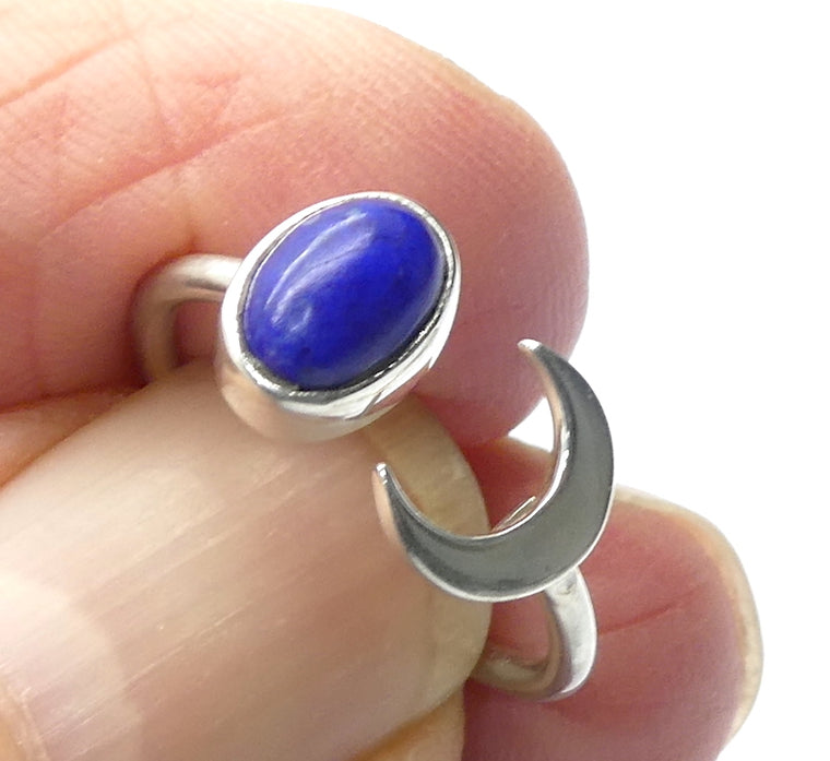 Lapis Lazuli Ring, Oval Cabochon with 925 Silver Crescent Moon Motif