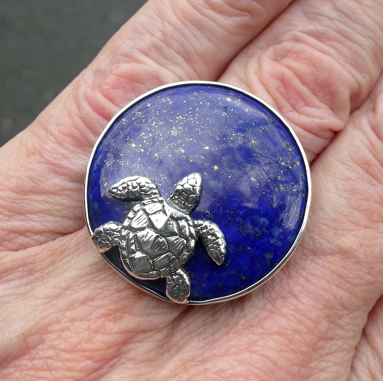 Lapis Lazuli Disc with Swimming Turtle | Earring and Pendant | 925 Sterling Silver |  Rich Royal blue gemstone with Gold Pyrites | Saggitarius | Meditation | Mindfulness | Inner Truth | Genuine Gems from Crystal Heart Melbourne Australia since 1986