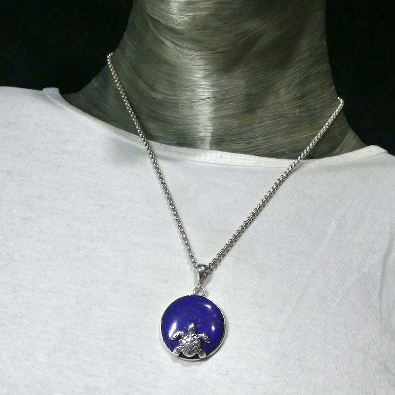 Lapis Lazuli Disc with Swimming Turtle | Earring and Pendant | 925 Sterling Silver |  Rich Royal blue gemstone with Gold Pyrites | Saggitarius | Meditation | Mindfulness | Inner Truth | Genuine Gems from Crystal Heart Melbourne Australia since 1986