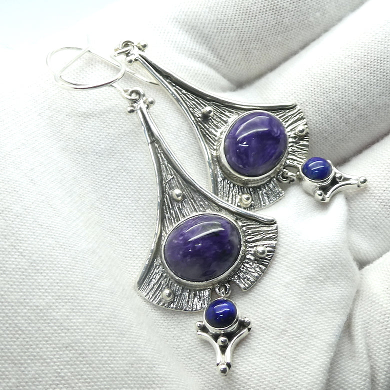 Charoite Earrings |  Oval Cabochon over Round Lapis | Ethnic Style | 925 Sterling silver | Awaken Spiritual Powers | Courage on the Path | Genuine Gemstones from Crystal Heart Melbourne Australia since 1986