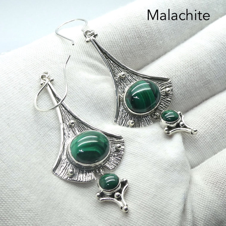 Malachite Earrings, Oval Cabochon, Ethnic Style, 925 Sterling Silver