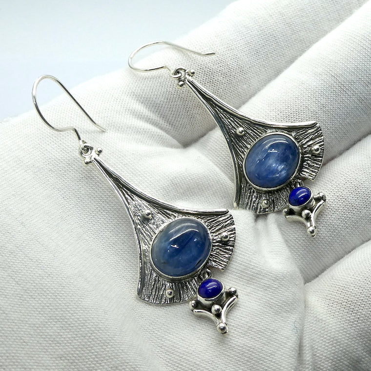 Blue Kyanite Earrings, Oval Cabochons, Ethnic Style, 925 Sterling Silver