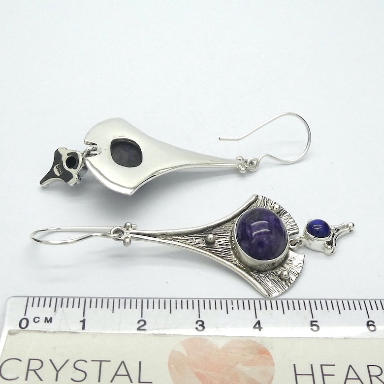 Charoite Earrings |  Oval Cabochon over Round Lapis | Ethnic Style | 925 Sterling silver | Awaken Spiritual Powers | Courage on the Path | Genuine Gemstones from Crystal Heart Melbourne Australia since 1986