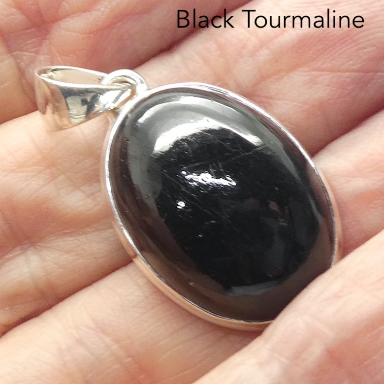 Black Tourmaline Pendant | Oval Cabochon | 925 Sterling Silver  | Empowers and unblocks the physical | protection from negative energies | Genuine Gems from Crystal Heart Melbourne Australia since 1986 