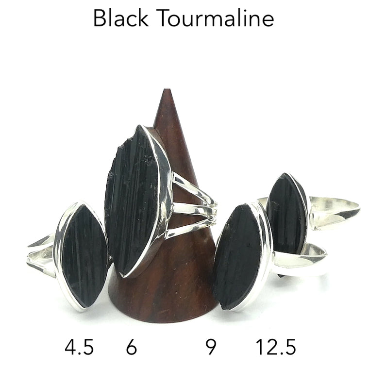 Black Tourmaline Ring, Raw Crystal, Marquise, 925 Sterling Silver