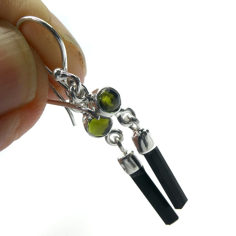 Moldavite and Tourmaline Earrings, Raw Crystal, 925 Sterling Silver