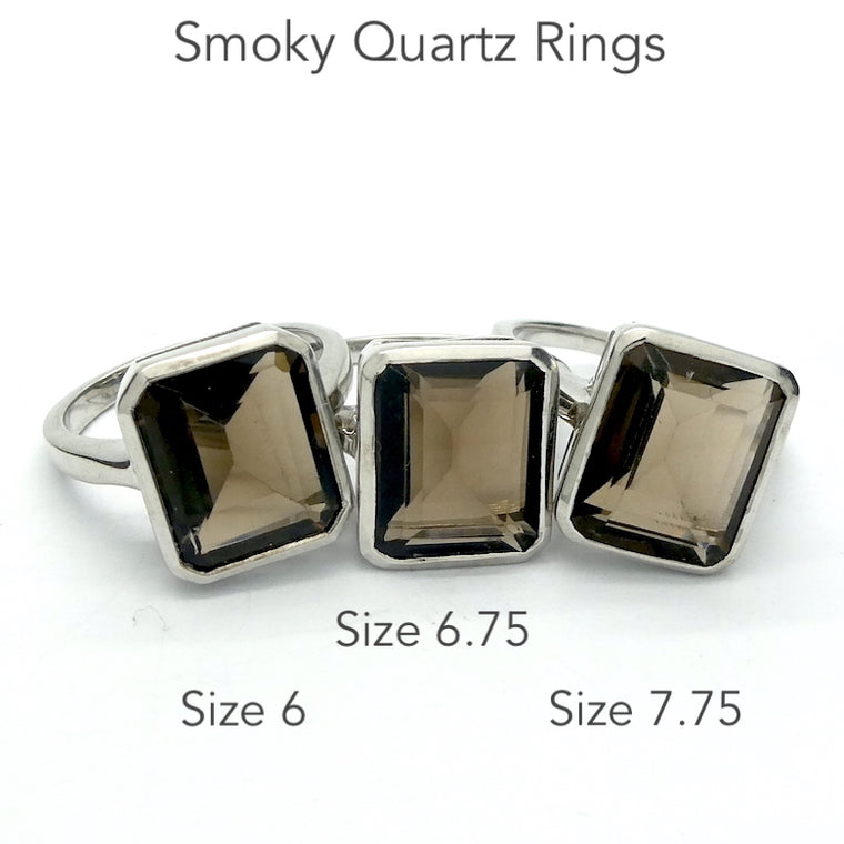 Smoky Quartz Ring, Faceted Oblong, 925 Sterling Silver
