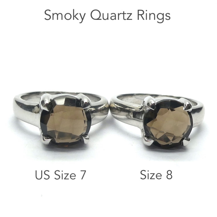 Smoky Quartz Ring, Faceted Round, 925 Sterling Silver