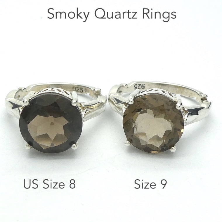 Smoky Quartz Ring, Faceted Round, 925 Sterling Silver