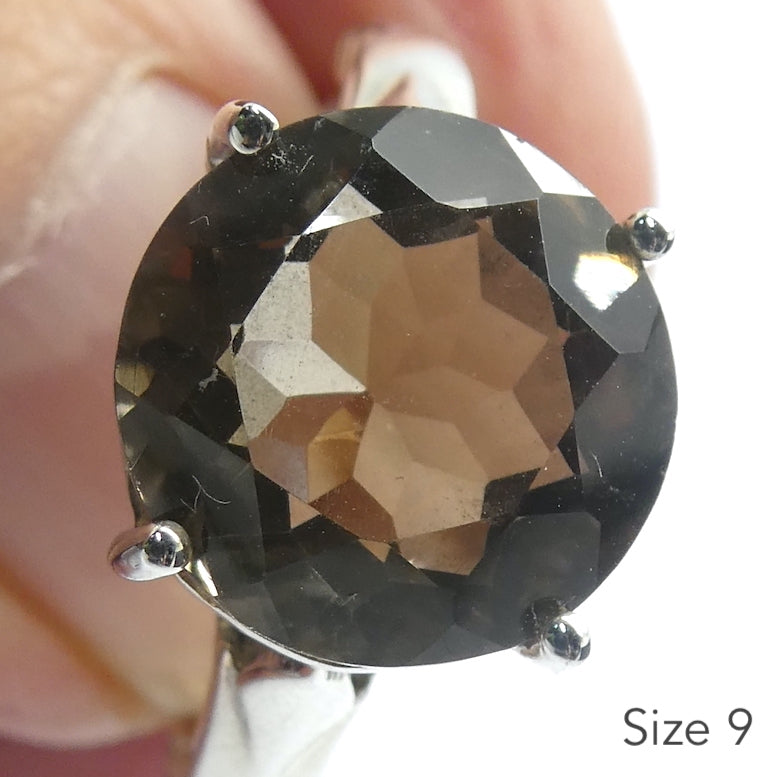 Smoky Quartz Ring | AAA Grade Faceted Round | 925 Sterling Silver | US Size 8 or 9 | Mindfulness in Body Consciousness | Grounding | Addictions | Sagittarius Capricorn stone | Genuine Gems from Crystal Heart Melbourne since 1986 | AKA ~ Smokey, Cairngorm, Morion, Indian Topaz Crystal