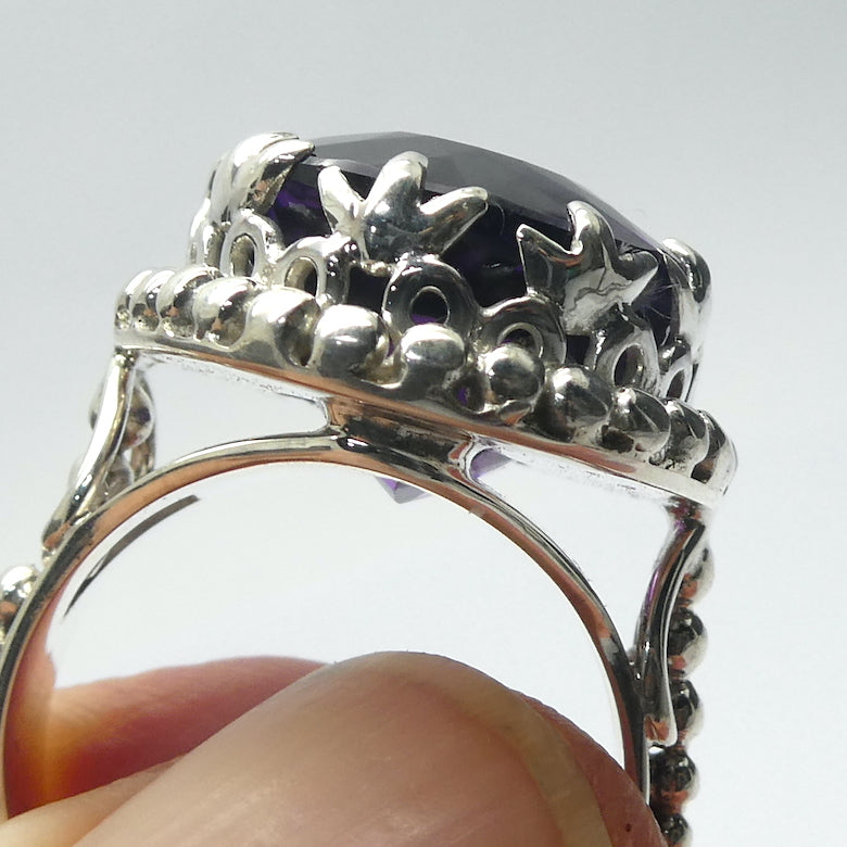 Amethyst Ring | Regal Large Faceted Oval | Flawless AAA | Rich Violet purple | Beautiful Detail | 925 Sterling Silver | US Size 8.25 | AUS Size Q | Genuine Gems from Crystal Heart Australia since 1986