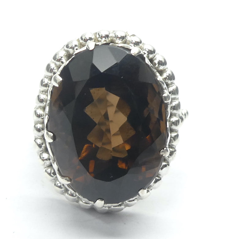 Smoky Quartz Ring | Large AAA Grade Faceted Oval | 925 Sterling Silver | Regal Detailed Setting | US Size 8.25 | AUS Size Q  Mindfulness in Body Consciousness | Grounding | Addictions | Sagittarius Capricorn stone | Genuine Gems from Crystal Heart Melbourne since 1986 | AKA ~ Smokey, Cairngorm, Morion, Indian Topaz Crystal