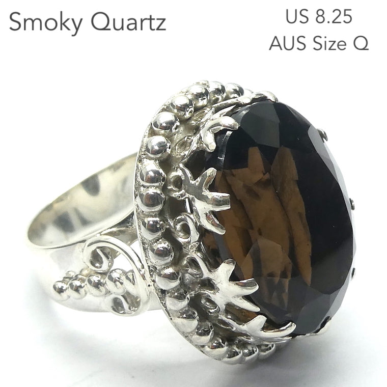 Smoky Quartz Ring, Large Faceted Oval, Regal Setting 925 Sterling Silver