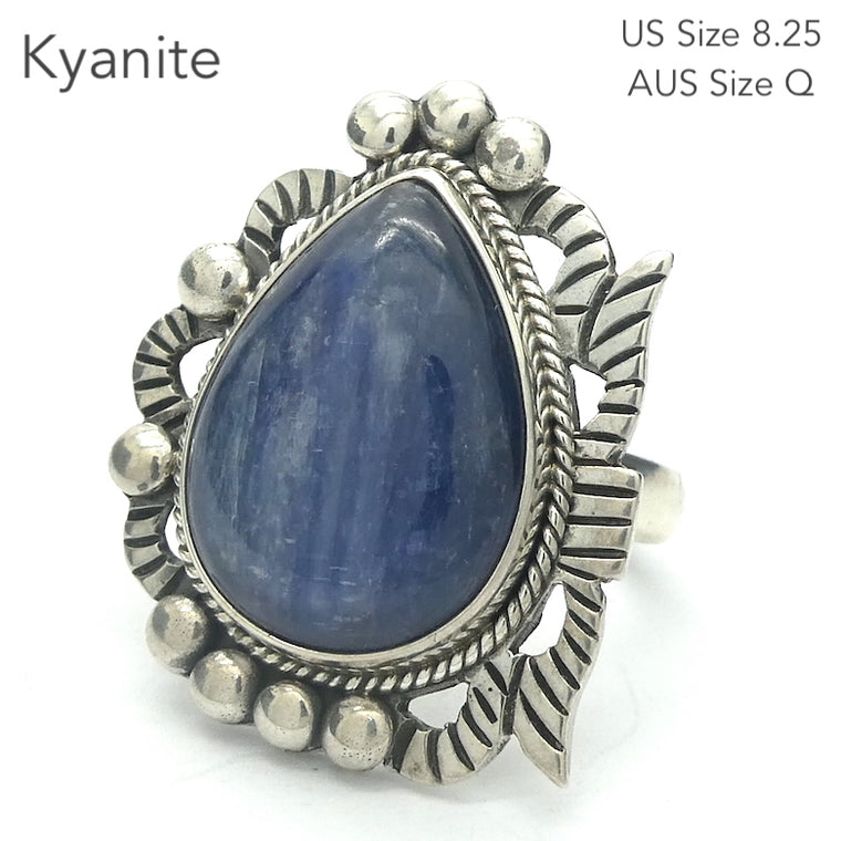 Blue Kyanite Ring, Teardrop Cabochon, Bold 925 Sterling Silver Setting