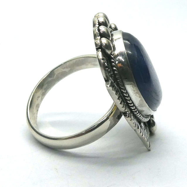 Blue Kyanite Ring | Teardrop Cabochon | 925 Sterling Silver | US Ring Size 7 | AUS Size N1/2  | Bezel set Bold Tribal Silver Design | Genuine Gems from Crystal Heart Melbourne Australia since 1986