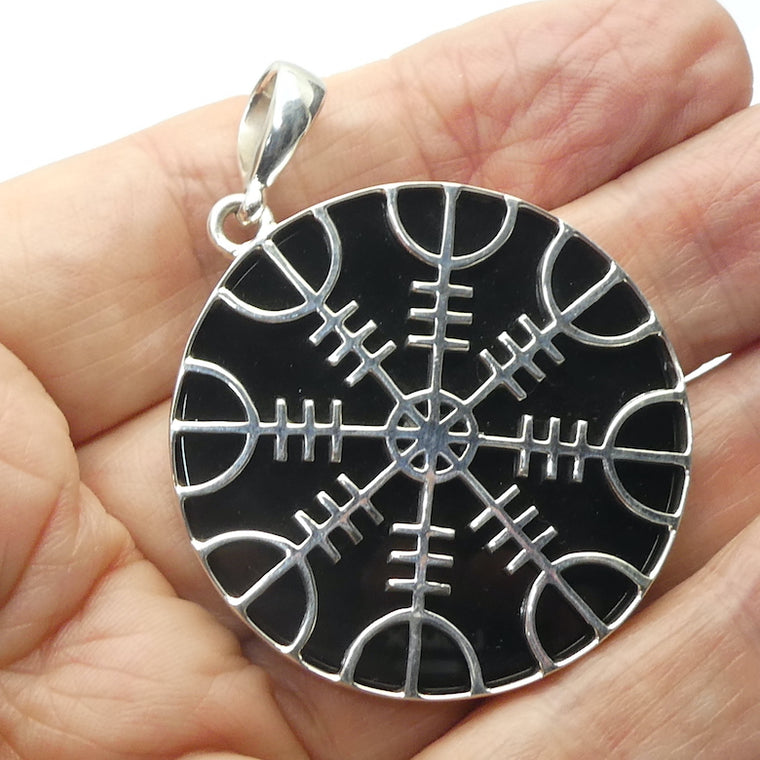 Helm of Awe Pendant on Black Onyx Disc, Large, 925 Sterling Silver