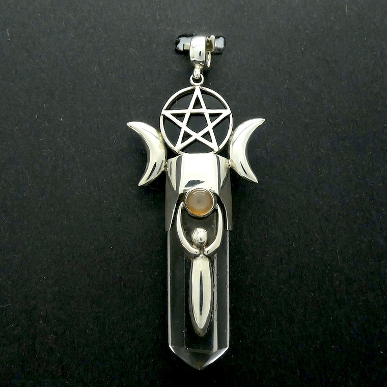 Pendant - Pentacle, Black Onyx, Clear Quartz, Sunstone, Goddess, Moon, 925 Silver