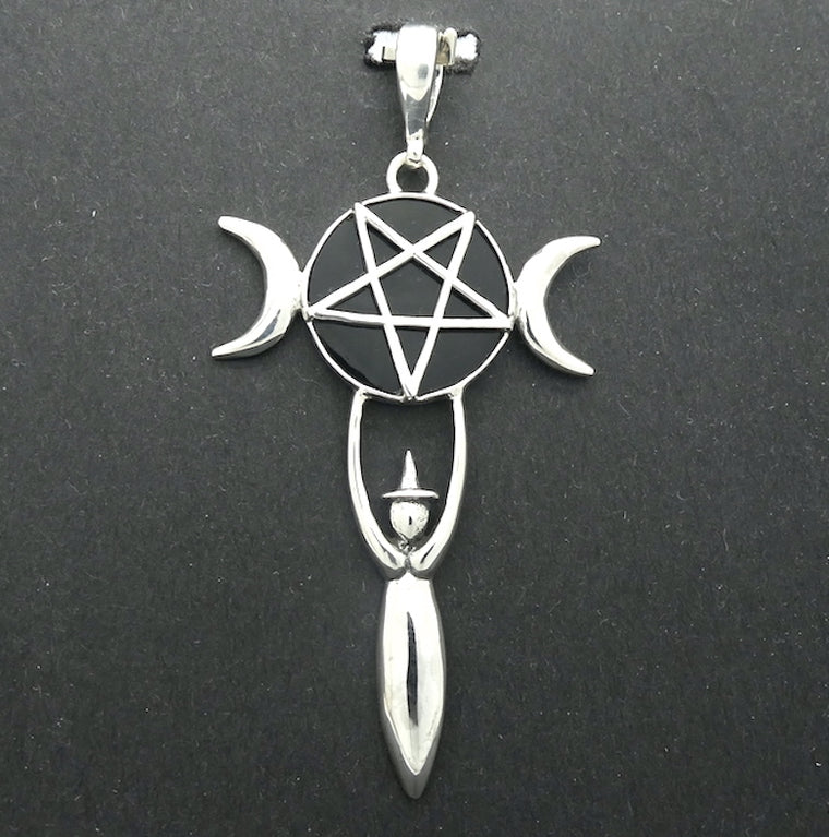 Pendant -  MoonWitch with Pentacle on Black Onyx Disc, 925 Sterling Silver