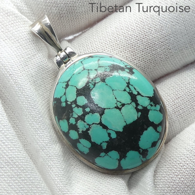 Turquoise Pendant, Tibetan, Cabochon Oval, 925 Sterling Silver