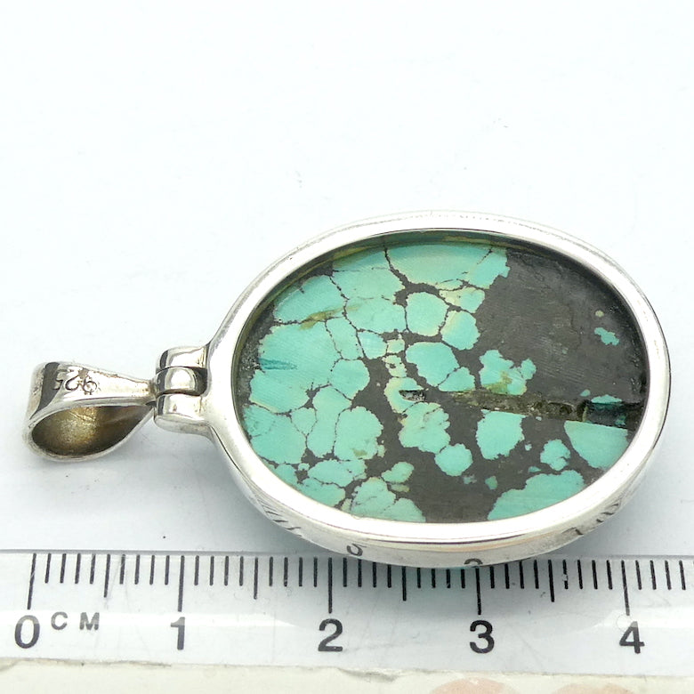 Turquoise Pendant, Tibetan, Cabochon Oval, 925 Sterling Silver