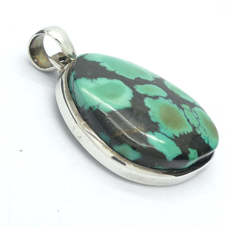 Tibetan Turquoise Pendant | 925 Sterling Silver | Oval Cabochon | Powerful Black veins | Sky Blue Gemstone with slight hint of Green | Sagittarius Scorpio Pisces | Genuine Gems from Crystal Heart Melbourne since 1986