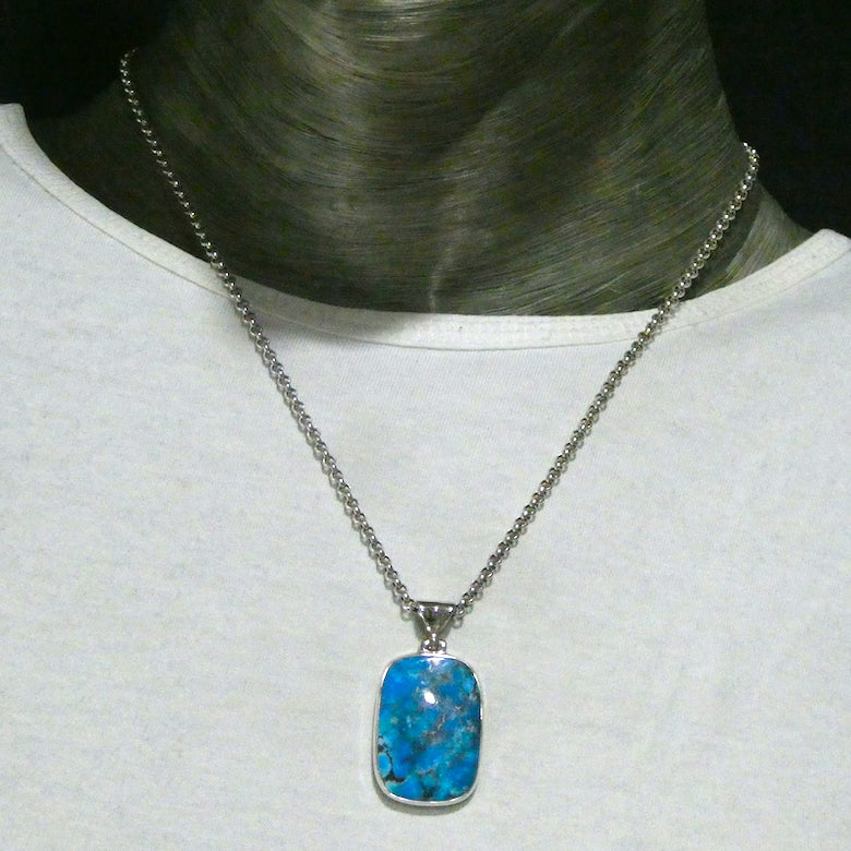 Turquoise Pendant | 925 Sterling Silver | Oblong Cabochon | sleeping Beauty Mine | Arizona | Light and dark sky blue with veins of indigo Azurite | Sagittarius Scorpio Pisces | Genuine Gems from Crystal Heart Melbourne since 1986
