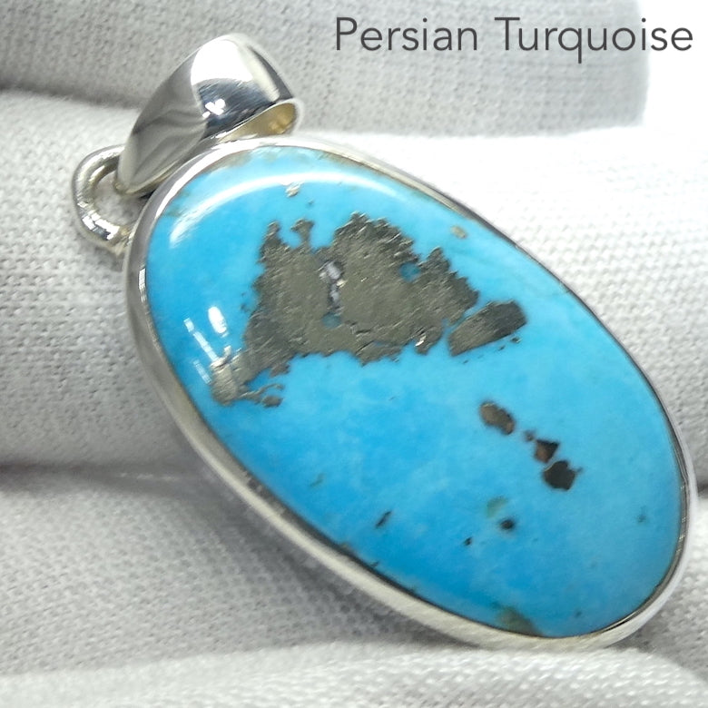 Persian Turquoise Pendant | 925 Sterling Silver | Oval | Golden crystals of Pyrites | Arizona | Sagittarius Scorpio Pisces | Genuine Gems from Crystal Heart Melbourne since 1986