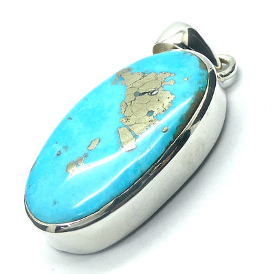 Persian Turquoise Pendant | 925 Sterling Silver | Oval | Golden crystals of Pyrites | Arizona | Sagittarius Scorpio Pisces | Genuine Gems from Crystal Heart Melbourne since 1986