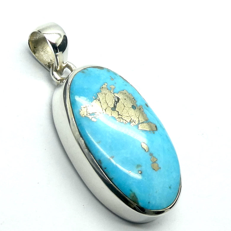 Persian Turquoise Pendant | 925 Sterling Silver | Oval | Golden crystals of Pyrites | Arizona | Sagittarius Scorpio Pisces | Genuine Gems from Crystal Heart Melbourne since 1986