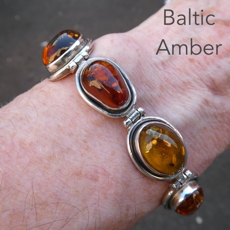 Amber Bracelet, Seven Raw Polished Nuggets in 925 Sterling Silver