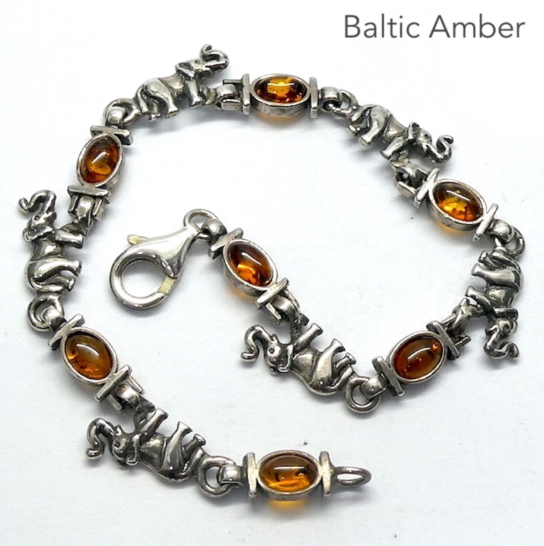 Baltic Amber Bracelet | Dainty | Oval cabochons alternate with Silver Elephants |  Genuine Gems from Crystal heart Melbourne Australia since 1986