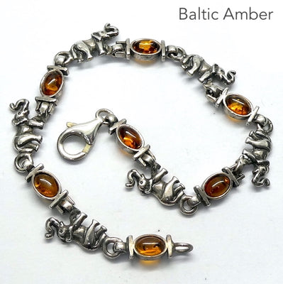 Baltic Amber Bracelet | Dainty | Oval cabochons alternate with Silver Elephants |  Genuine Gems from Crystal heart Melbourne Australia since 1986