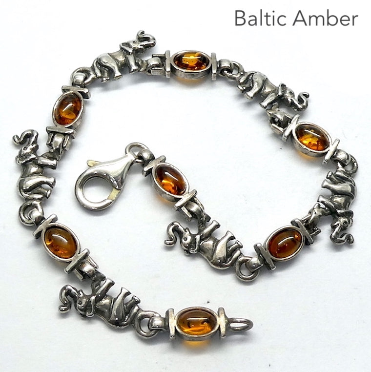 Amber Bracelet, Small Ovals with Elephants,  925 Sterling Silver