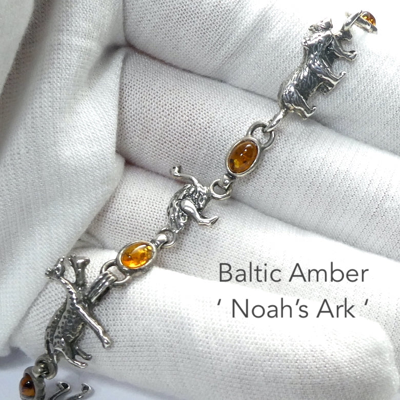 Baltic Amber Bracelet | Dainty | Oval cabochons alternate with Silver Animals |  Genuine Gems from Crystal heart Melbourne Australia since 1986