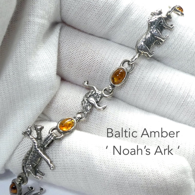 Amber Bracelet, Small Ovals with Noahs' Ark,  925 Sterling Silver